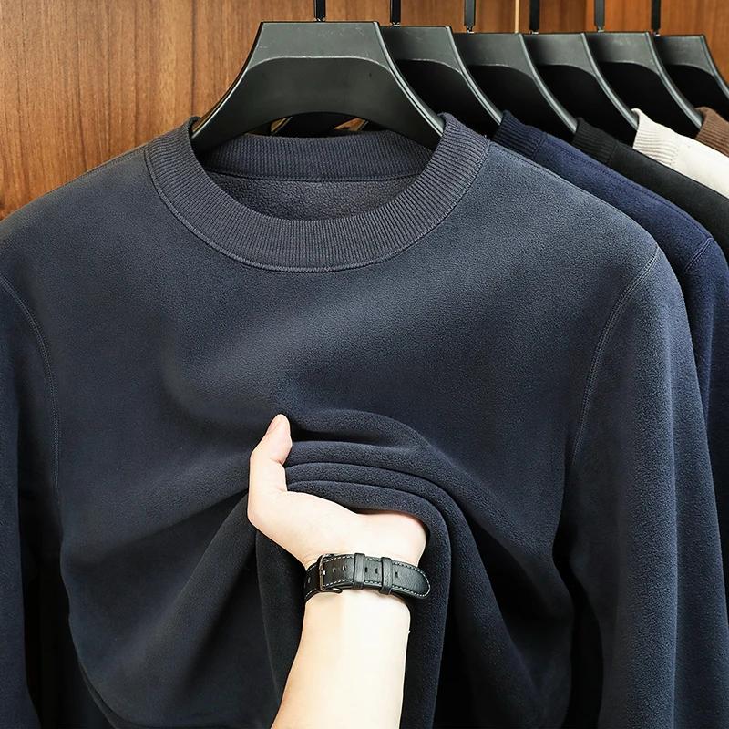 Men's Autumn Winter Velvet Hoodie Long Sleeve Round Neck Solid Color Fashion Casual Versatile Top