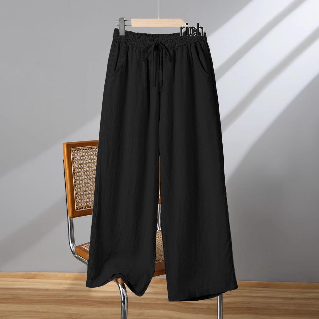 Women's High-Waisted Cotton & Linen Wide-Leg Pants - Spring/Autumn, Plus Size, Nine-Point, Drawstring, Japanese Style, Casual.