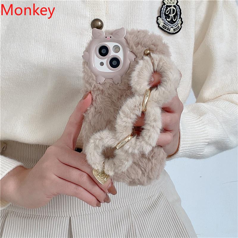 Cute Korean Fur Wrist Chain Silicone Case For iPhone 17 16 Pro Max 15Plus 14 13 12 11 Winter Furry Fluffy Plush Wrist Band Cover