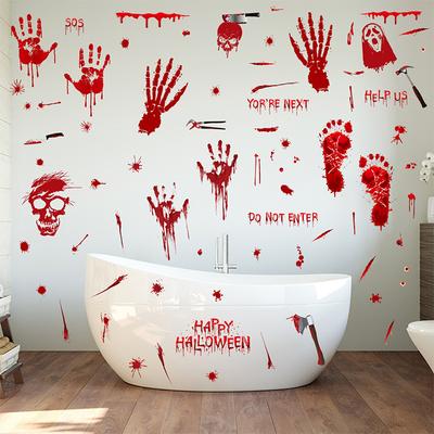 New Halloween Blood Handprints Footprints Skull Glass Showcase Double Sides