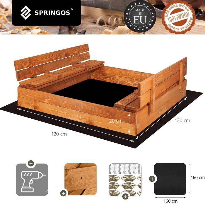 Holz-Sandkasten - SPRINGOS - 2026 - 120x120 cm - Imprägniertes Massivholz - Klappbare Bänke/Abdeckung