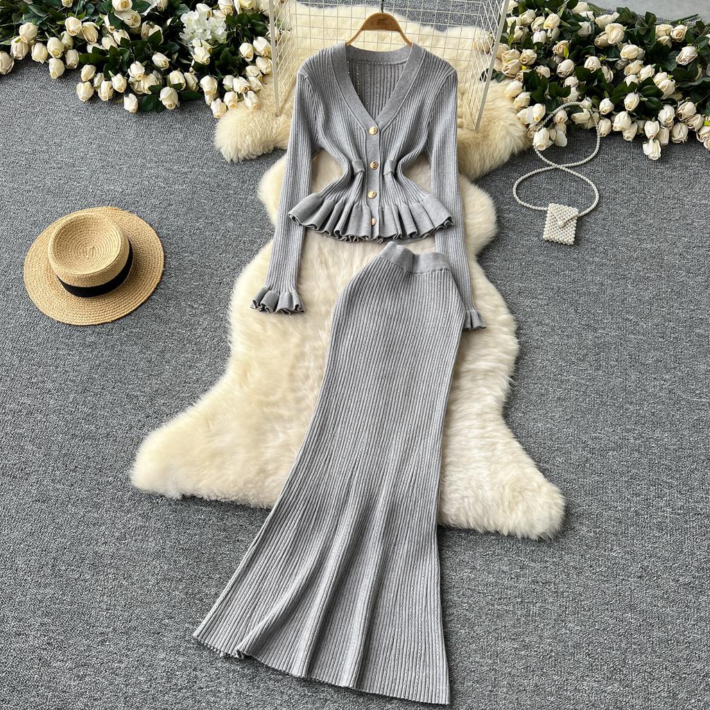 Korejské dvoudílné sady Dámské outfity Tunika s dlouhým rukávem Ustřižený kardigan s vysokým pasem Bodycon Tunika Sukně Oblek Módní Pletený komplet