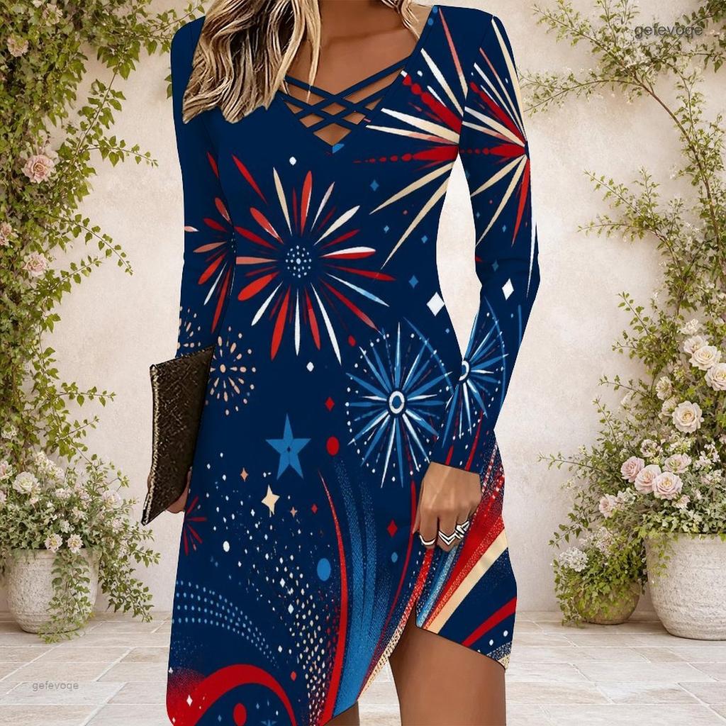 Women Cross V Neck Long Sleeve Dress Red Blue Geometric Abstract Print Irregular Hem Dress