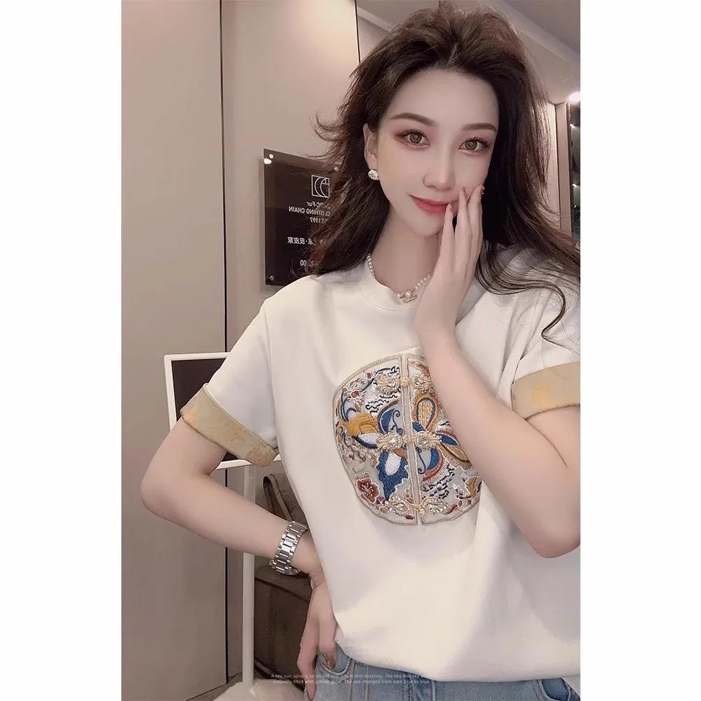 Women's Summer 2025 Color-Block Cotton Short Sleeve T-Shirt with Embroidered Chinese Style