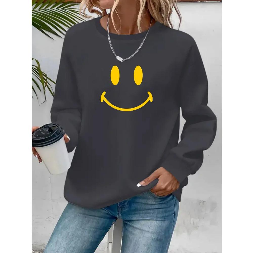 Ladies' Fashionable Cartoon Micro Smiling Face Printed Pullover, Casual