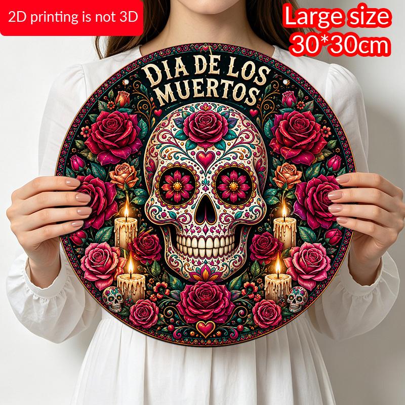 2D Flat, 1pc Dia De Los Themed Round Metal Hanging Sign, Traditional Mexican Folk Art Blooming Rose Candle Decor Plaque, Easy Hang Indoor Outdoor