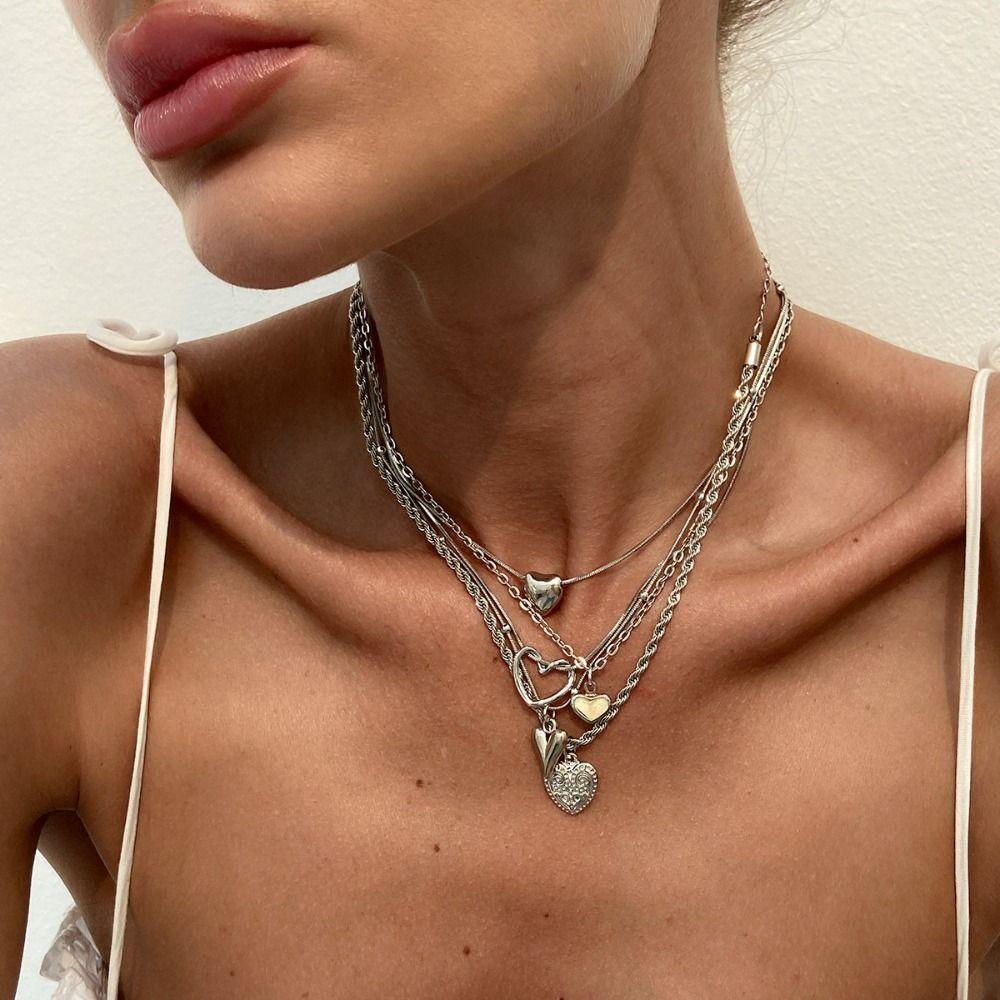 Multilayer Love Heart Pendant Irregular Metal Chain Choker Jewelry Women Necklace  Female