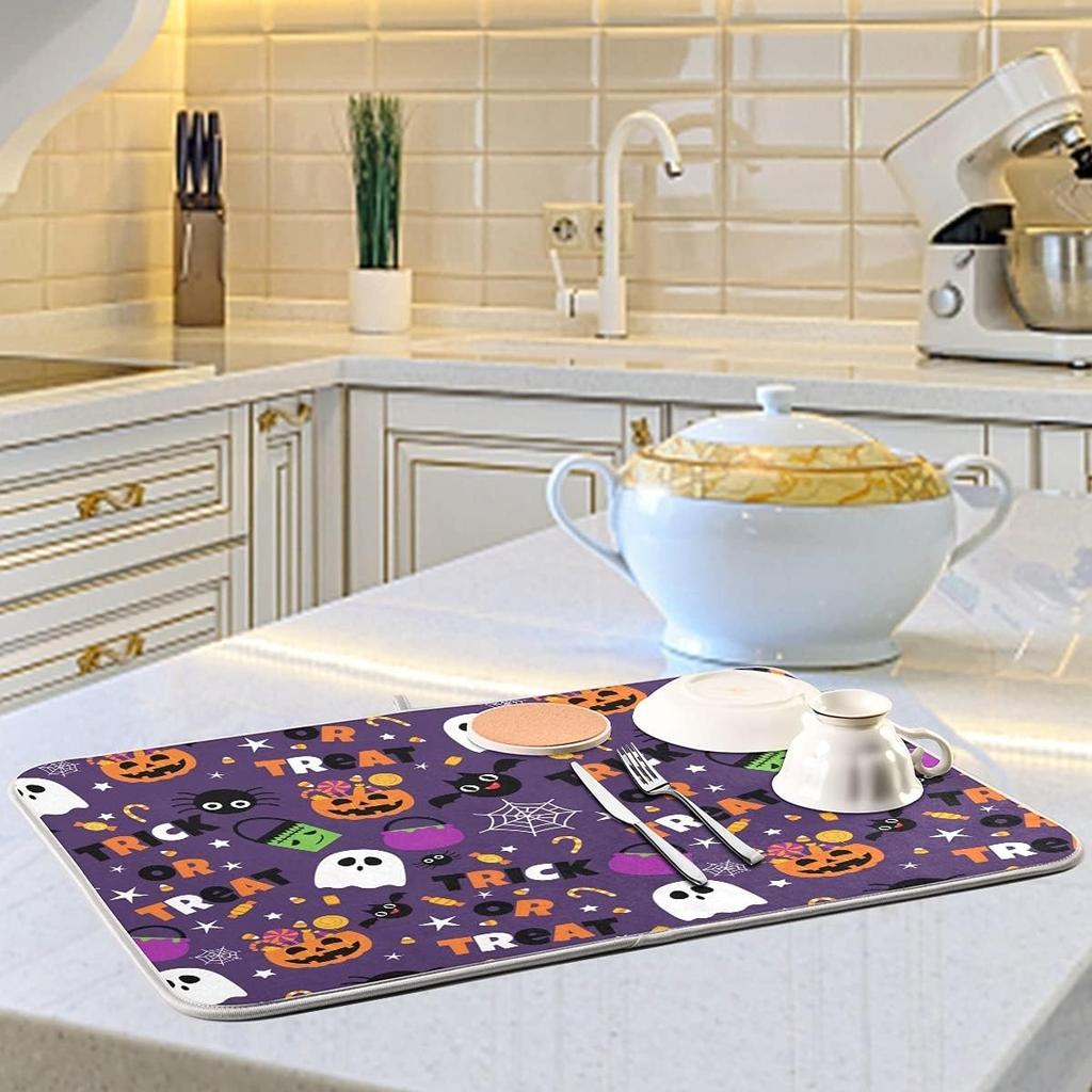 Happy Halloween Purple Pumpkin Fall Dish Drying Mat 16x18 for Kitchen Counter Trick or Treat Spooky Ghost Reversible Dishes Draining Mats Medium