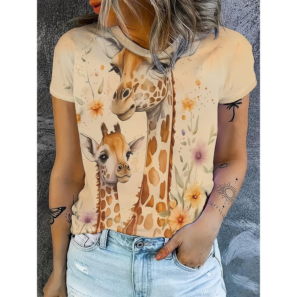 Crew Neck Short Sleeve Watercolor Giraffe Floral Print T Shirt Women's Outfits Casual Daily Wear Summer Lady Clothes