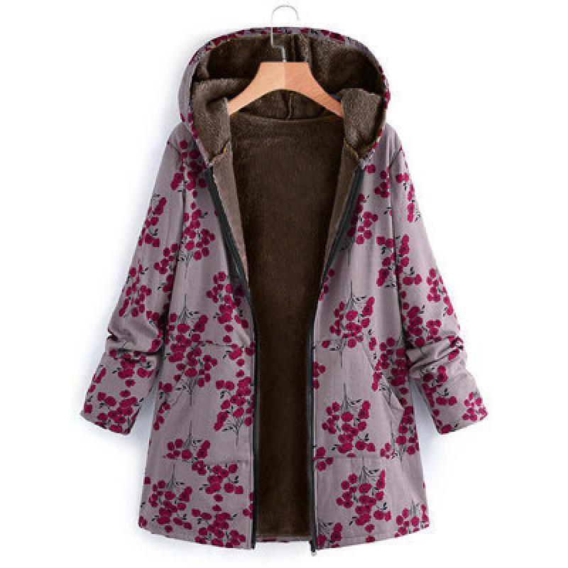 2025 European and American women's long-sleeved zipper hooded thickened composite cotton-padded coat printed medium and long cotton-padded coat