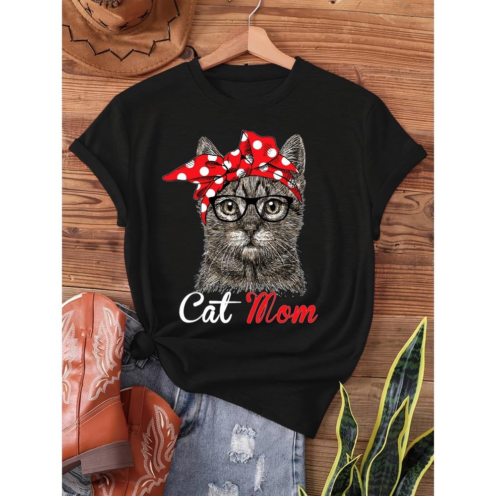 

Women Cotton Short Sleeves T-shirts Cat Mom Women s Tee Cute Cat with Bandana Glasses Graphic Casual Black Top S