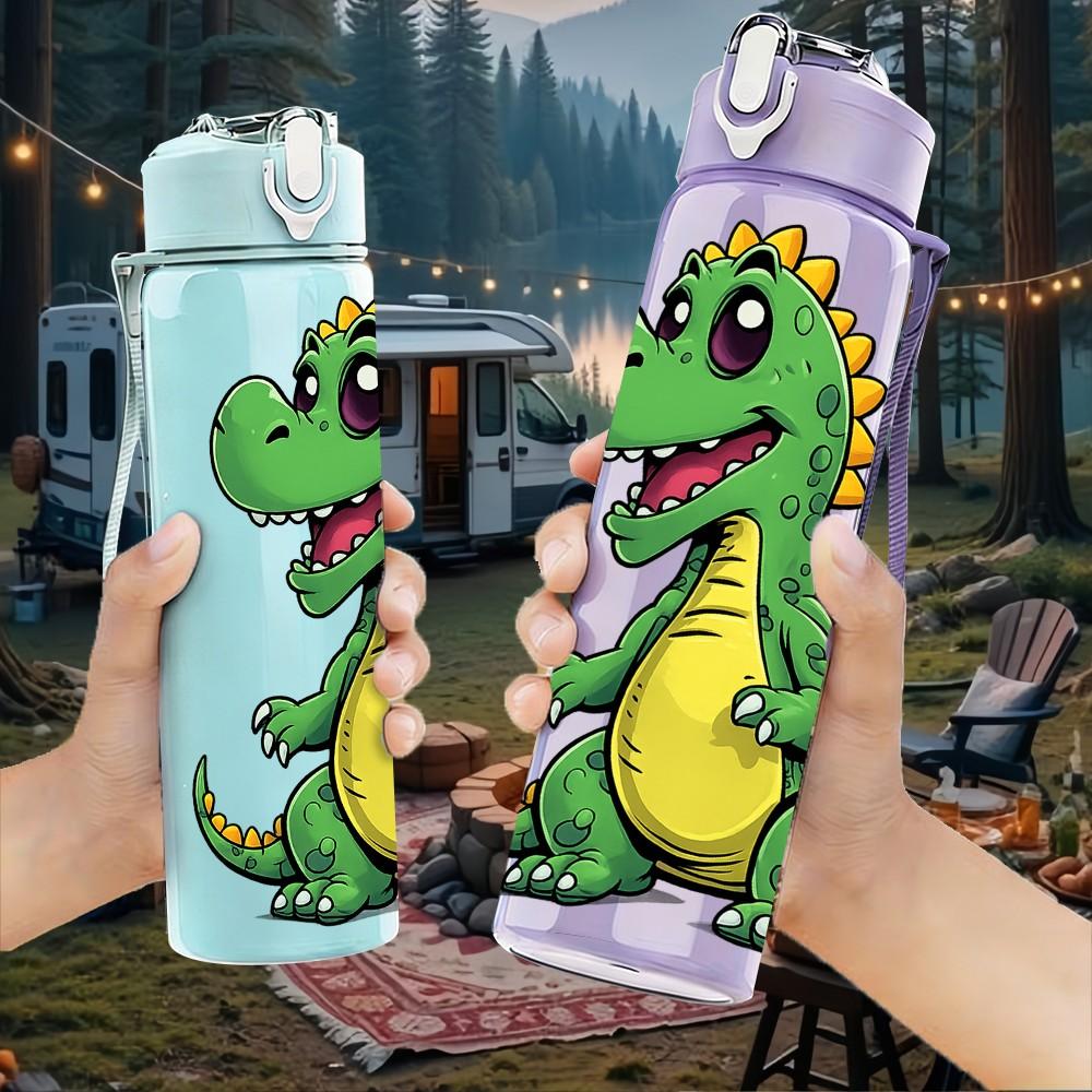 1PC Cute Green Dinosaur Cartoon Print 750ml Color Plastic Sports Water Bottle Leakproof Flip Straw Lid Suitable for Sports Office Home Use