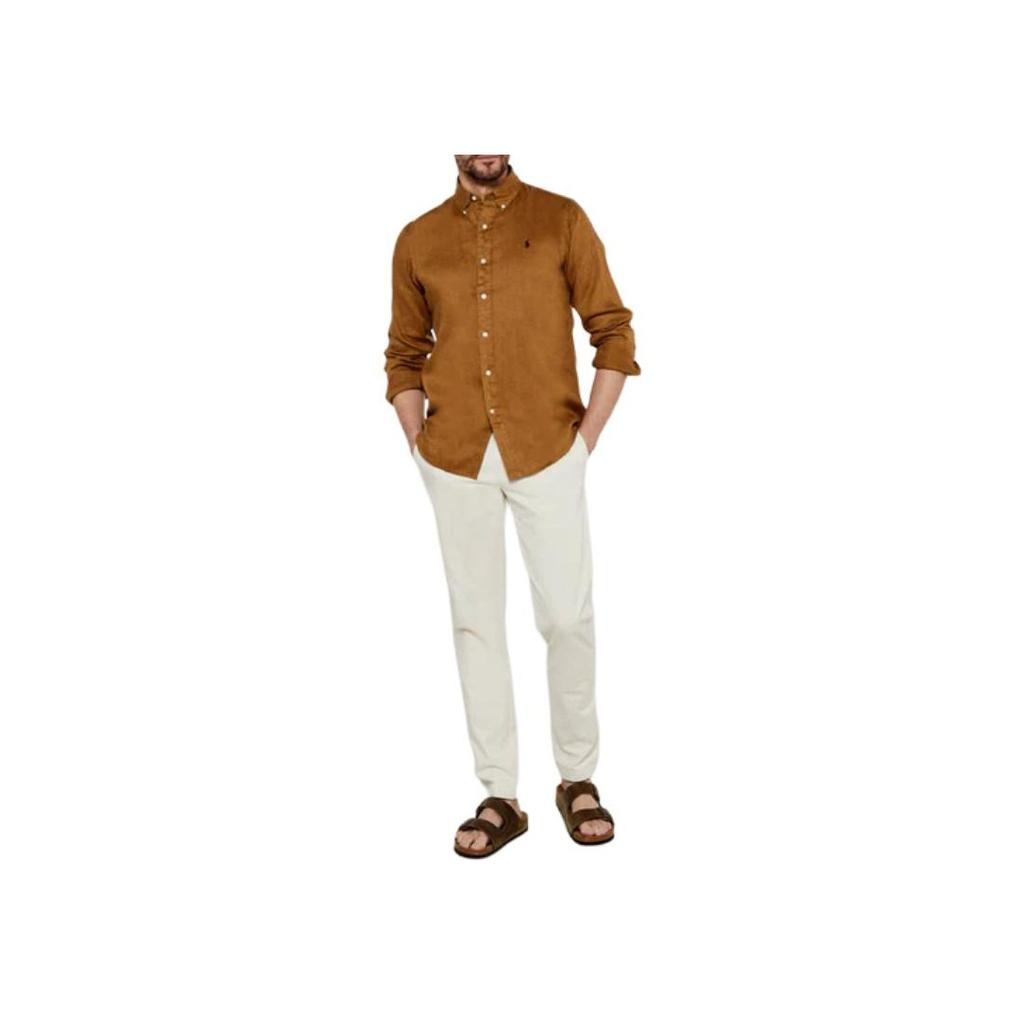 Polo Ralph Lauren Solid Color Embroidered Logo Polo Button Long Sleeve Shirt Men Shirts Khaki 710966294-016