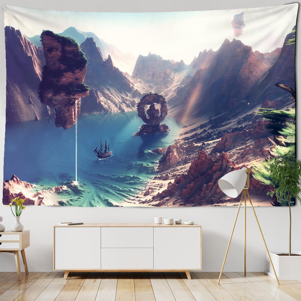 Mountain And Stone Tapestry Wall Hanging Natural Scenery Sailboat Bohemian Hippie Table Mat Bedroom Home Decor