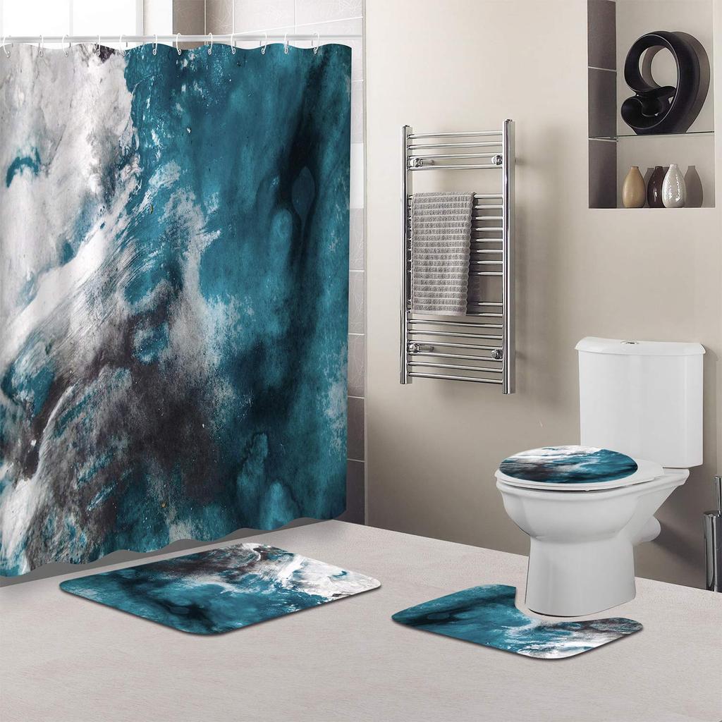 Watercolor Multi-Color Flowers Shower Curtain Sets Non-Slip Rug Toilet Lid Cover Bath Mat Waterproof Abstract Bathroom Curtains