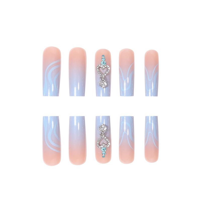 Ins Style Long Wear Armor Diamond Pendant Blue Gradual Change Line Fake Nail Patch Finished Nail Sticker Cross-border