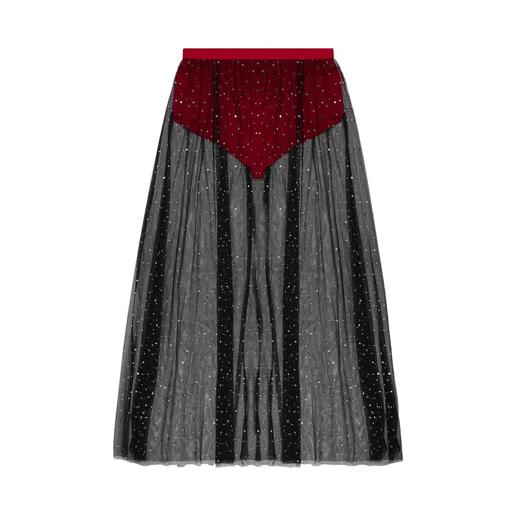 Long tulle skirt for layered with inner bodycon women, thin, high-waisted, look, sheer, built-in shorts, style.