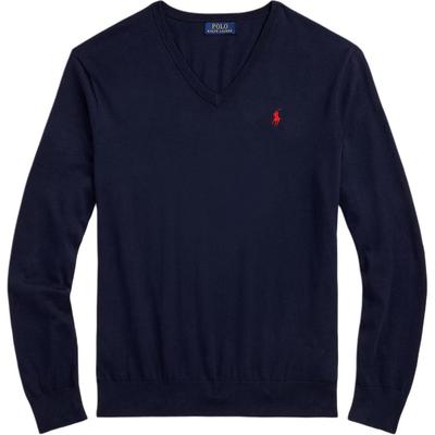 Polo Solid Color Cotton V-Neck Long Sleeve Knit Sweater Regular Fit Men Sweater Navy-Blue 710890561001