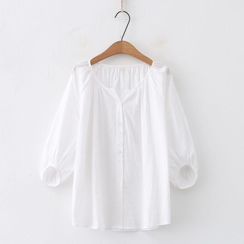 

Loose Casual Japanese Cotton and Linen 3/4 Sleeve Pink Shirt White S