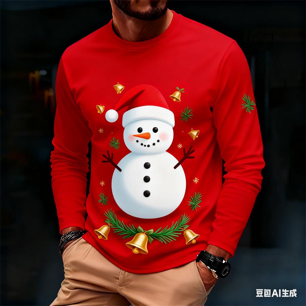 Fashionable Harajuku-style Christmas men's long-sleeve T-shirt, autumn casual round-neck loose top, fun Santa Claus design