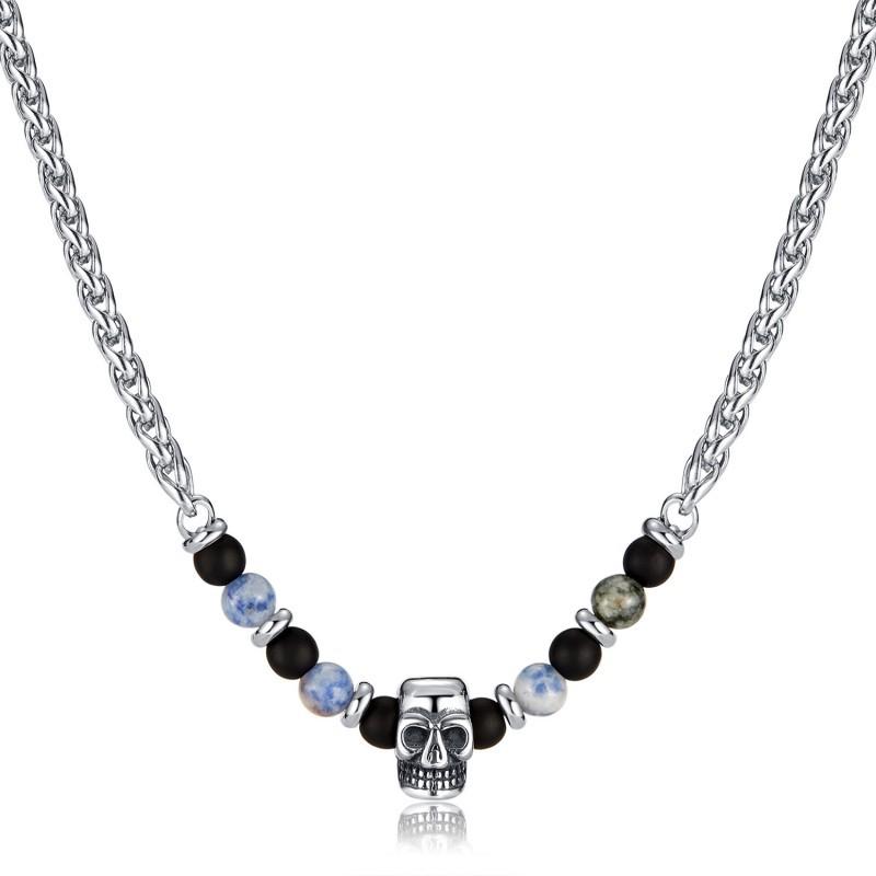 

Personalized Fashionable Stainless Steel Skull Necklace Pendant Blue Dot Stone Sandblasted Bead Jewelry Men