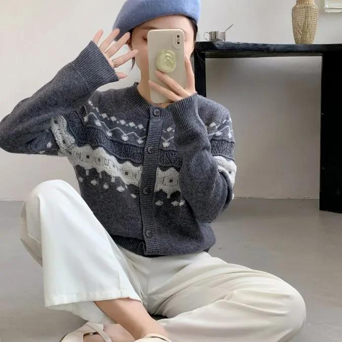 WTEMPO Women's Casual Versatile Large Size Solid Color O-Neck Loose Knitted Cardigans Long Sleeve Button Sweater Cardigans