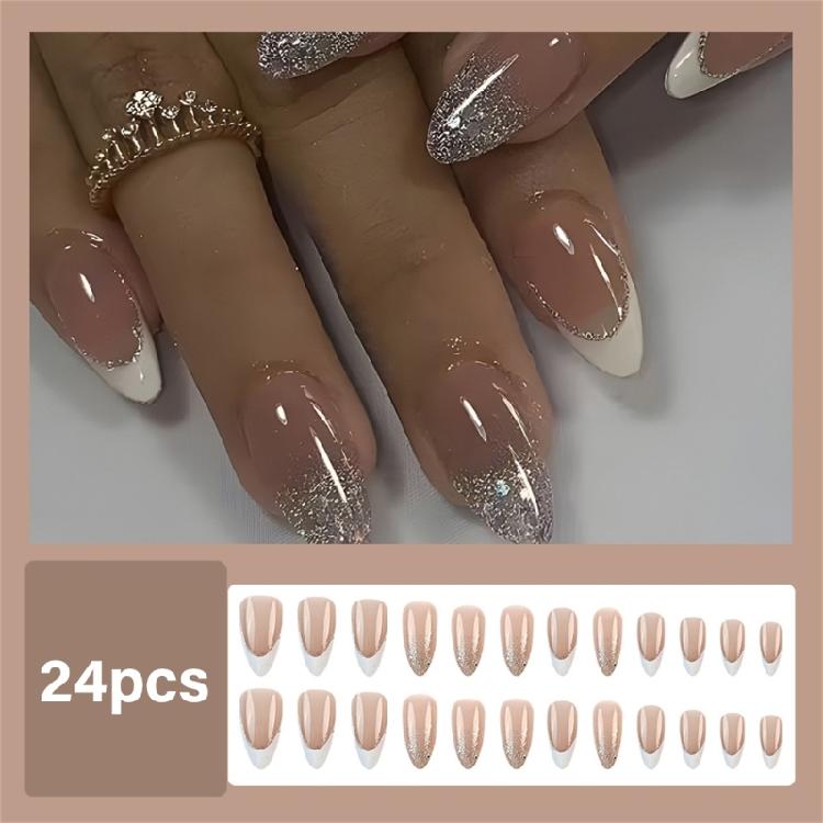 Medium Length Artificial Nail Press On Nail Sparkling Full Cover Stick On Nail White French Tip False Nail for Woman