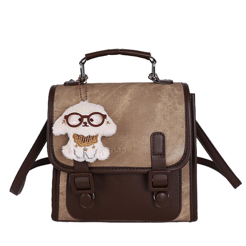 

Simple, Retro, Niche, Color-blocking Backpack, Fashionable Student Schoolbag, Travel Backpack With pendant коричневий