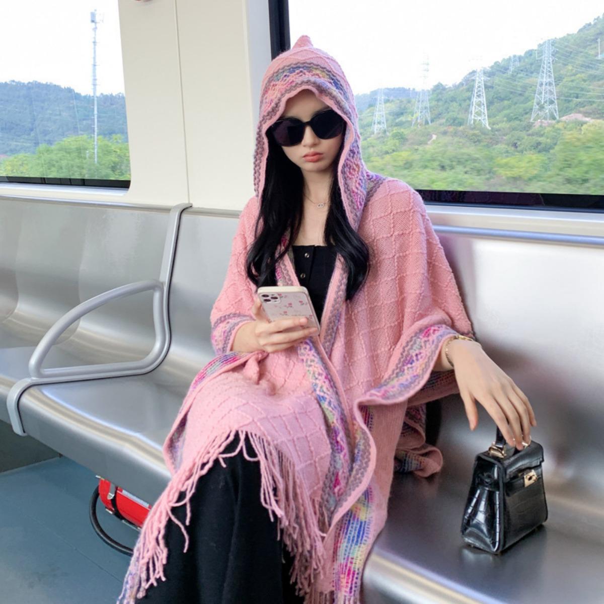 

Ladies Elegant Bohemian Style Su Shawl - Autumn/Winter Soft Elastic Sleeveless Scarf, Comfortable Accessory, Warm and Cold proof Coat, Flower Pattern рожевий