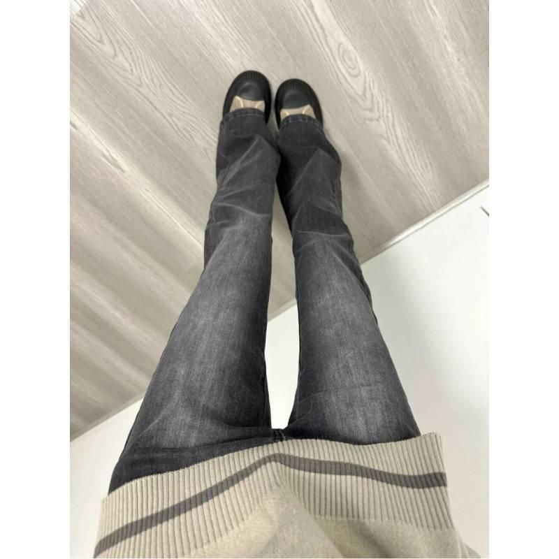 Women's Retro Black-Gray Flared Jeans - Slim Fit, Extra Long & Elastic Floor-Length Pants for Spring