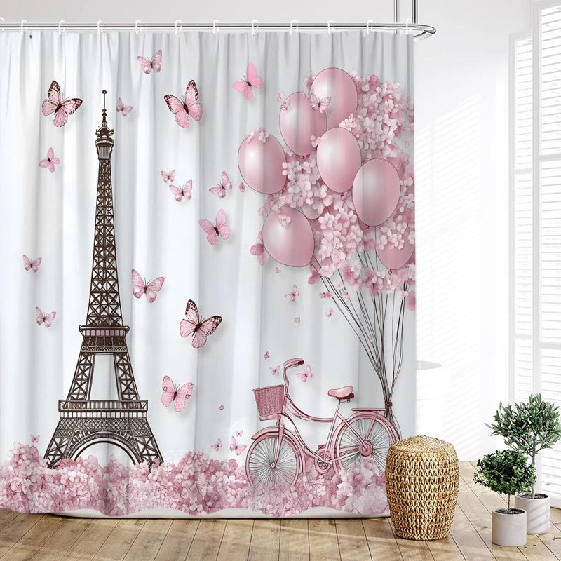 Vintage Paris Tower Shower Curtains Pink Butterfly Balloon Love Heart Floral Valentine'S Day Bathroom Curtain Decor With Hooks