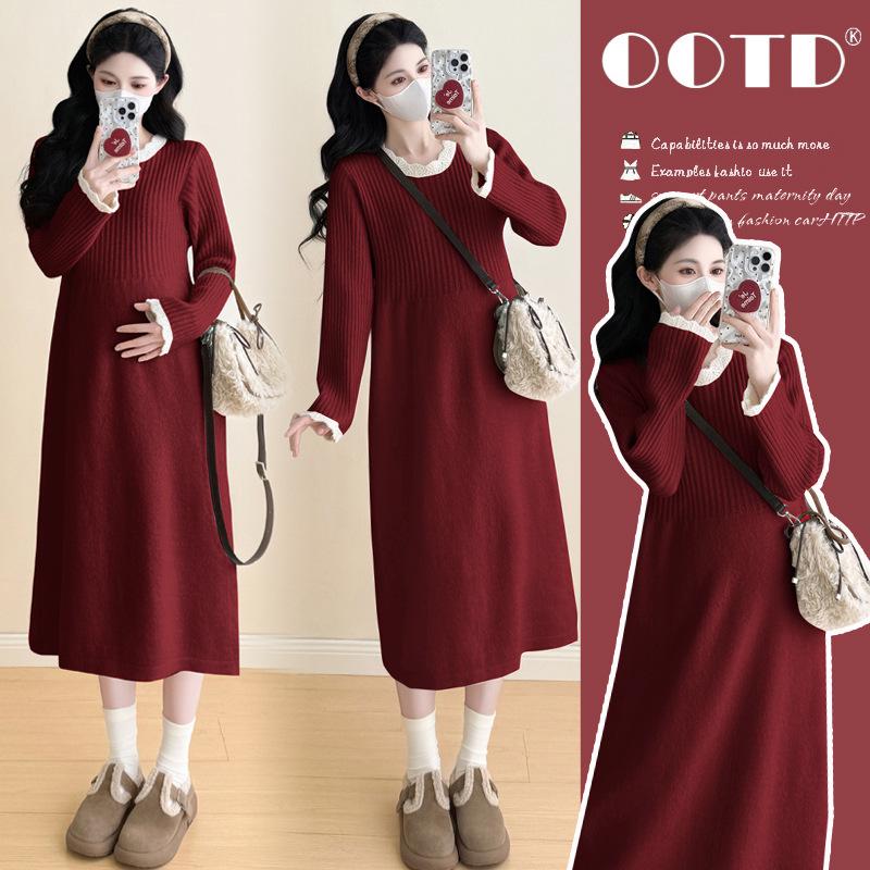 Real Shot: New Knit Lace Maternity Sweater Dress for Autumn/Winter - Loose, Thickened Style 2XL серый