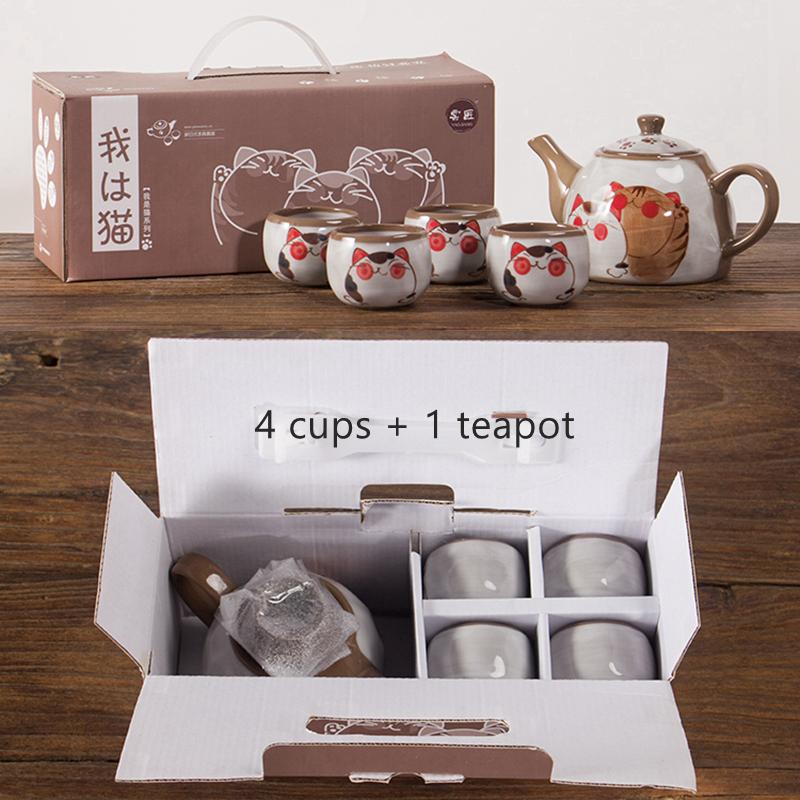 Set Ceai Ceai Ceai Ceramic Cartoon Lucky Cat Drinkware Fierbator cu filtru (4 cani + 1 ceainic) Ambalare cutie cadou