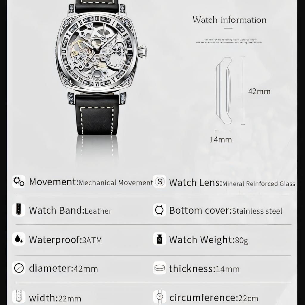 TEVISE Watches for Man Square Retro Mechanical Watch Self-Wind Carved Skeleton Automatic Watches Vintage Leather Strap Wristwatch