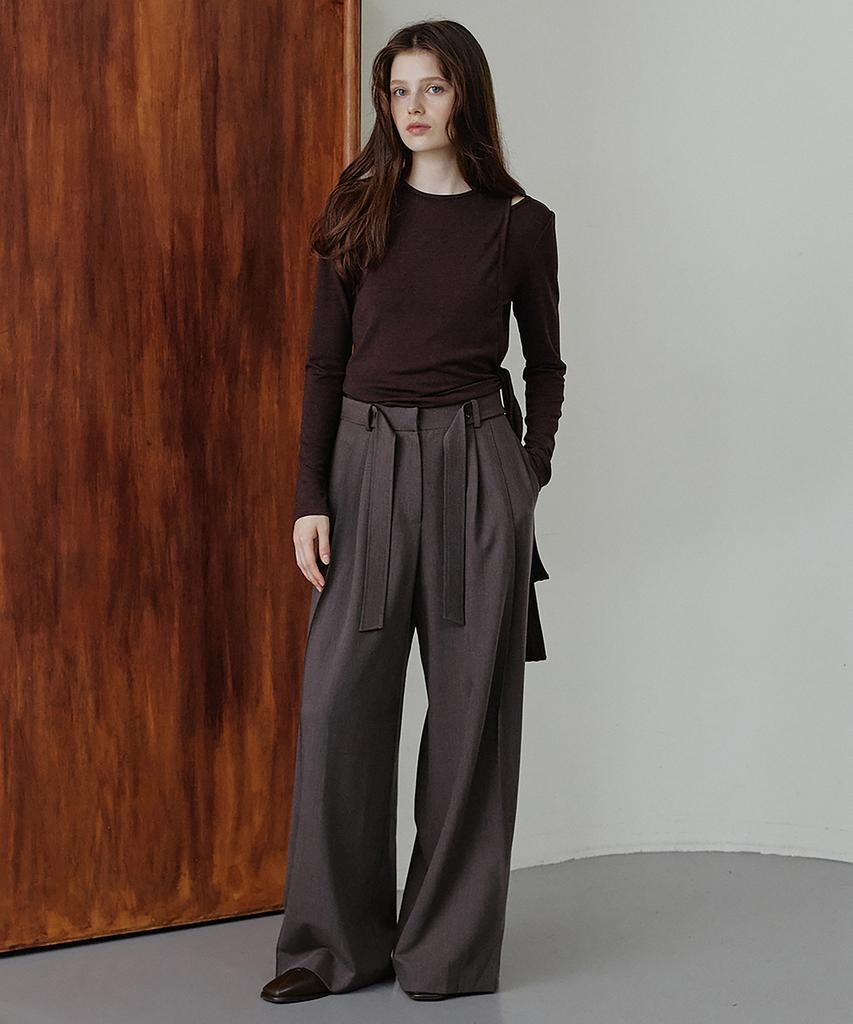 MAKE A TOAST Layered Belted Wide Slacks (Brown) Mbffpa005Br