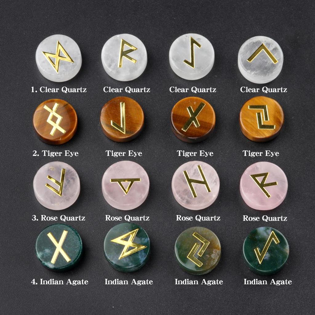 25Pcs/1Pack Natural Crystal Quartz Agate Rune Letters Unperforated Discs Set,Palm Stones Viking Nordic Amulet Divination Ornaments Decoration Jewelry