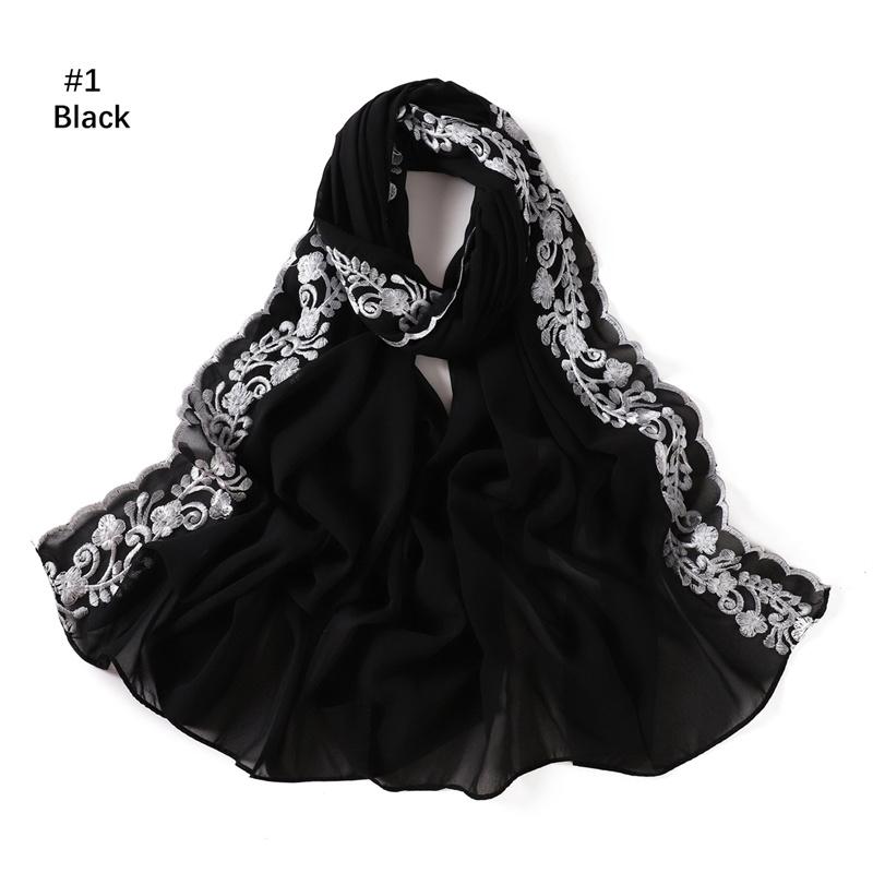 Einfarbig Bestickt Floral Bubble Chiffon Hijab Ramadan Spitze Stich Schals Damen Sonnenschutz Kopftuch Outdoor Winddicht Kopfwickel