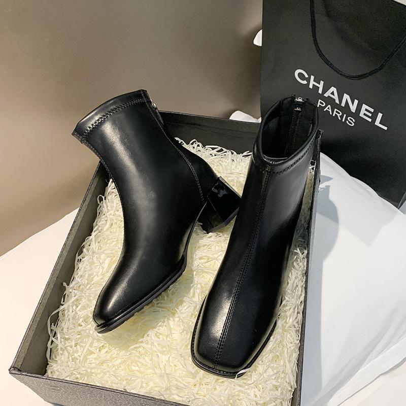 Round Head Thick Heel Short Boots Women's Shoes High Sense Spring and Autumn Versatile Low Tube Elastic Thin Women's Boots British Fashion Short Boots