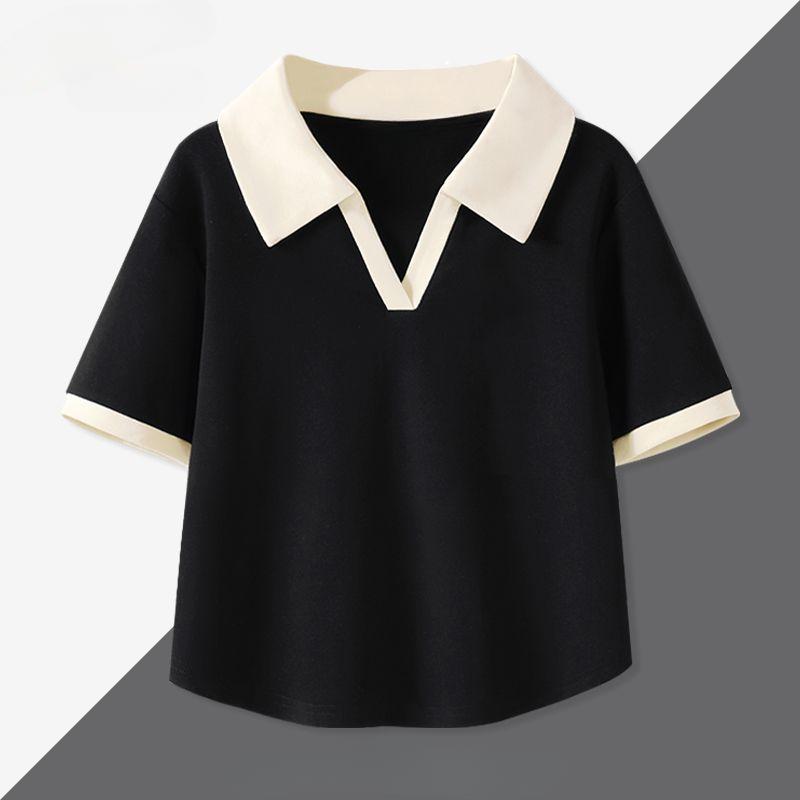 Summer Women Polo Shirt Short Sleeve Slim Fit Casual Color Block Tops Korean Style