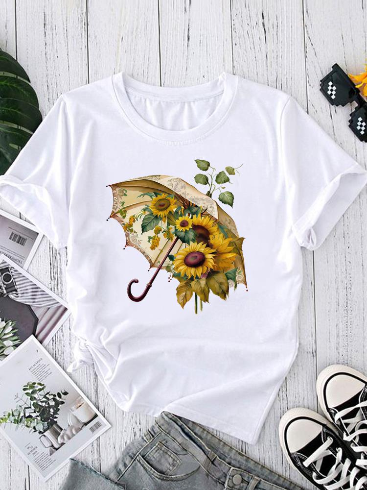 (Asian Size) O-neck Short Sleeve T-shirts Fashion Female Casual Clothing love heart flower Women's Top T shirt Printed Graphic Tee