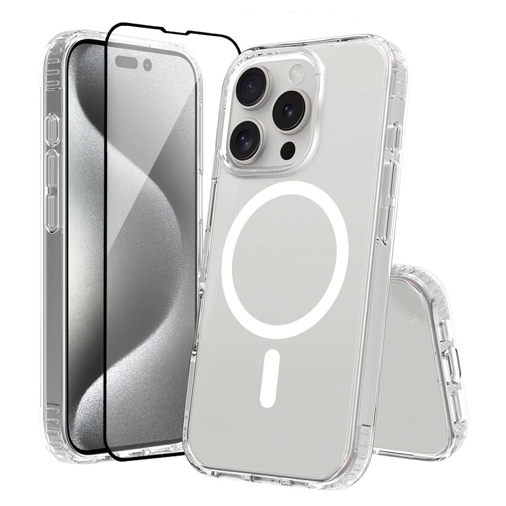 For iPhone 16 Pro Case Compati with MagSafe PC+TPU Clear Phone Cover with Tempered Glass Screen Protector