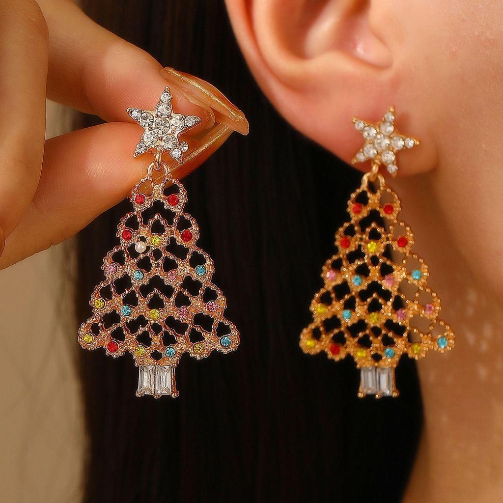 New Colorful Diamond Christmas Tree Earrings - Festive Personality Dangle Studs for Women