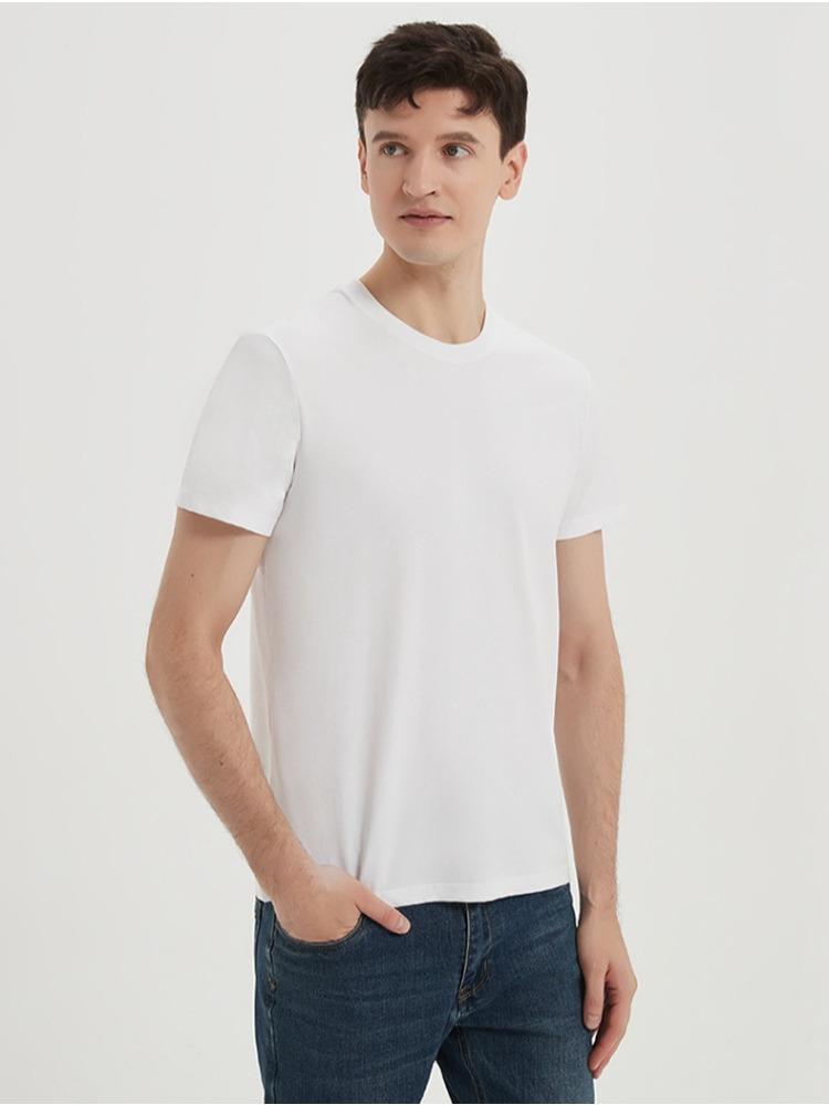 Premium Long-staple Cotton Short-sleeve Crew Neck Three-needle Solid Color Wrinkle-free Antibacterial Cool T-shirt Minimalist Breathable Tops