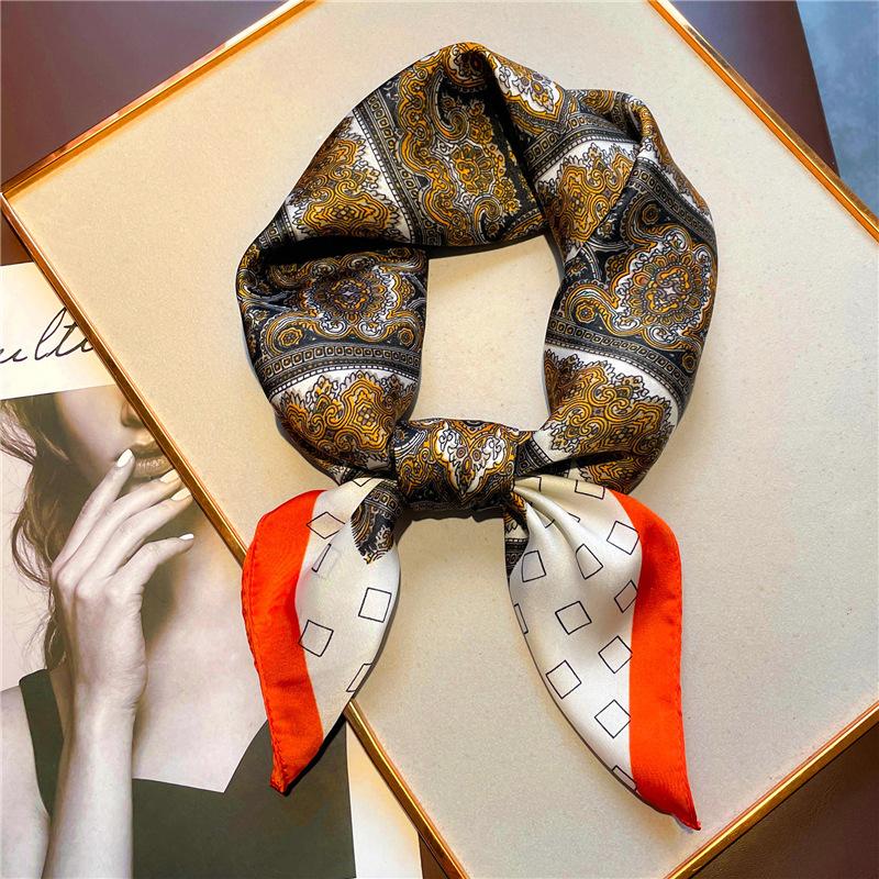 Retro printed silk scarf women's sunscreen scarf scarf small square scarf 71cm simulated silk scarf new shawl women's