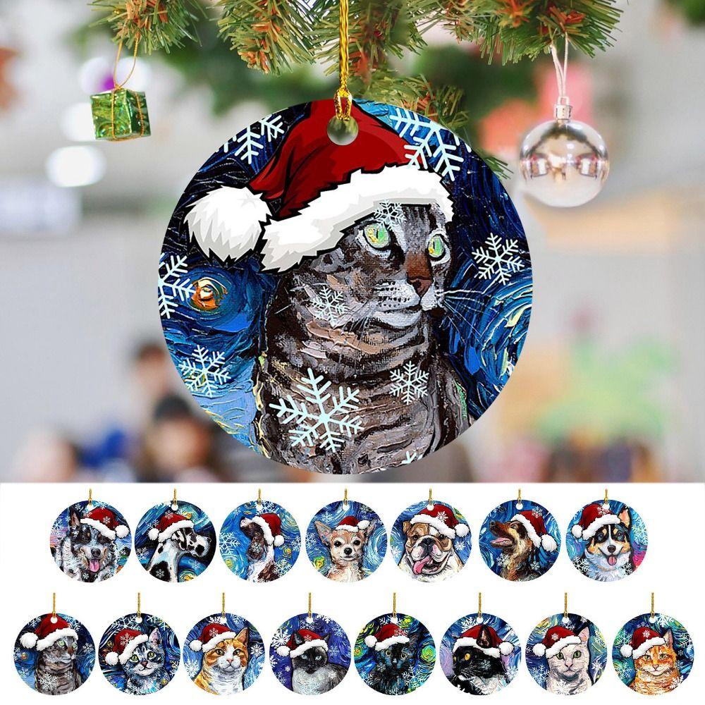 2D Christmas Cat Dog with Hat Pendant Cartoon Decorative Cartoon Dog Christmas Tree Pendant Acrylic Hanging