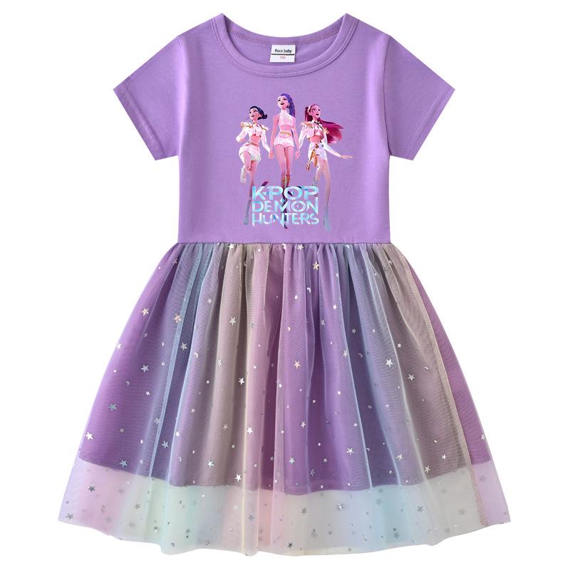 Vestito Corto a Maniche Corte Kpop Demon Slayer con Paillettes Arcobaleno e Rete – Primavera, Estate, Autunno