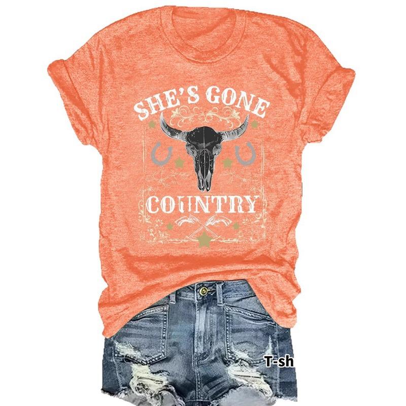 Women's Short Sleeve T-shirt She's Gone Country Bull Skull with Stars Design Western Cowboy Graphic T-Shirt