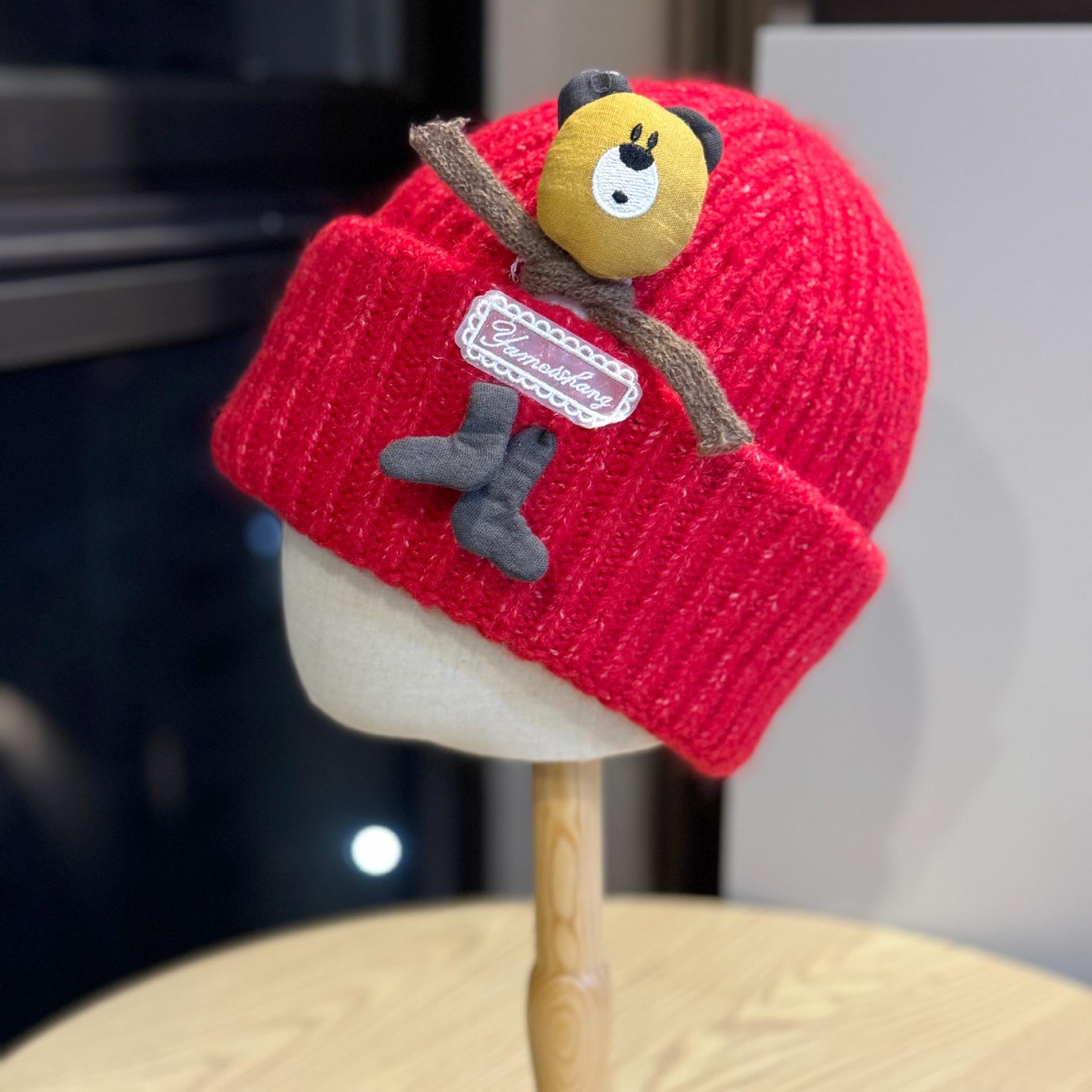 New Knitted Hat Female Cartoon Bear Winter Casual Warm Thickened Cute Ear Protection Hat Versatile Baotou Hat Trend one size