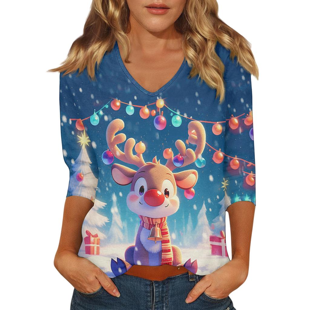 Dámský vánoční potištěný módní ležérní top se sedmiosminovými rukávy a výstřihem do V