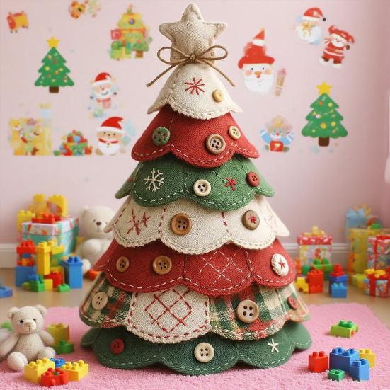 Fabric Christmas Tree Figurine Handmade Multi-layer Felt Xmas Tree Ornament with Buttons And Star Topper Holiday DIY Patchwork Craft for Home Office